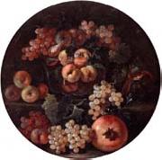 A still life of peaches and plums in a glass bowl,grapes,a melon and a pomegranate, unknow artist